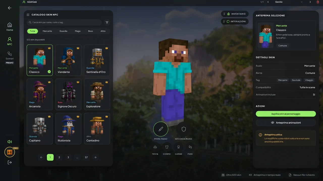 Screenshot del catalogo skin NPC con griglia di personaggi, anteprima centrale e pannello dettagli della skin selezionata.